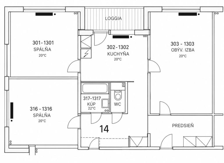 Floor plan of a 3-room apartment with a loggia, kitchen, living room, and bathroom.