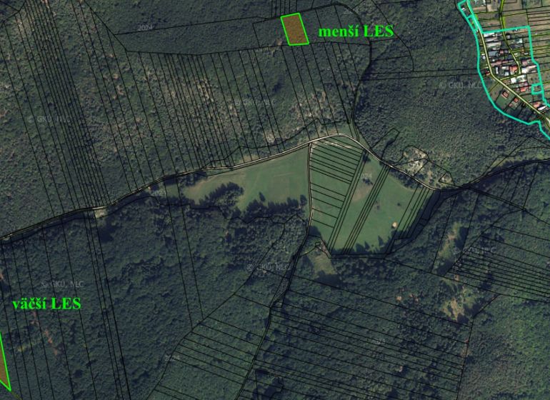 An aerial map shows agricultural and forest lands in the area of Rajecká Lesná.