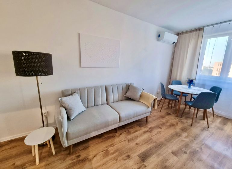 Living room with a sofa, dining table, and wood-patterned flooring in a two-room apartment.