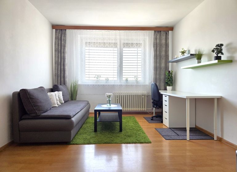 Living room in a studio apartment with a sofa, desk, and wood-patterned flooring.