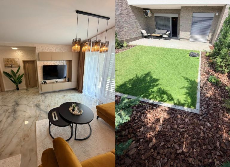 Interior of a 2-room apartment with a marble floor and exterior with a lawn in Galanta.