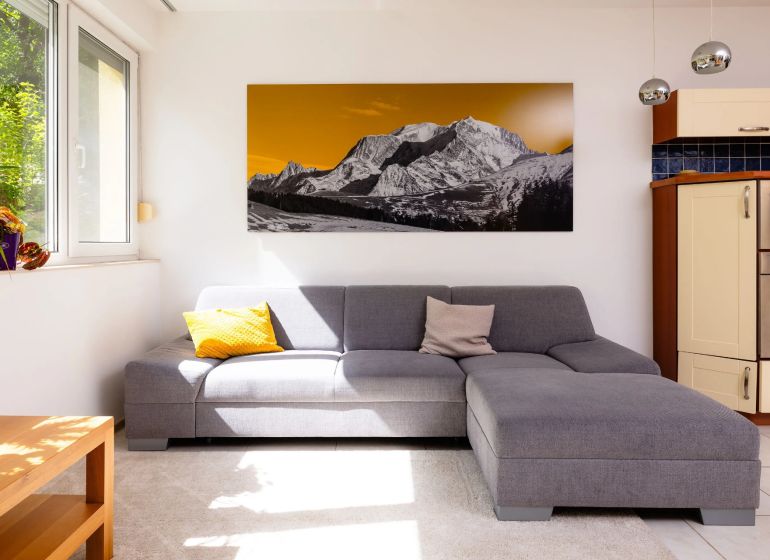 Living room in a two-room apartment, gray sofa, picture of mountains, light walls.