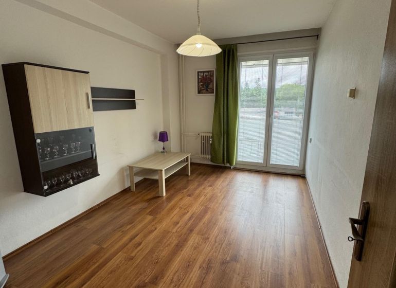 Living room in a two-room apartment with a wooden decor floor and a balcony.
