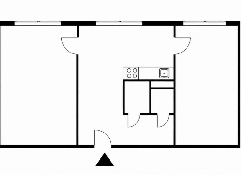 Floor plan of a 2-room apartment with a kitchen, living room, and bathroom.