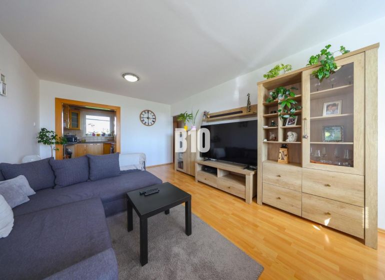 Living room with wood-patterned flooring, a sofa, and a TV stand in a three-room apartment.