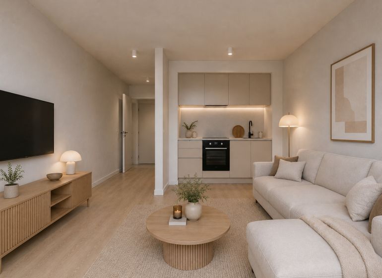 Living room of a studio apartment with wood-patterned flooring, a television, and a kitchenette.