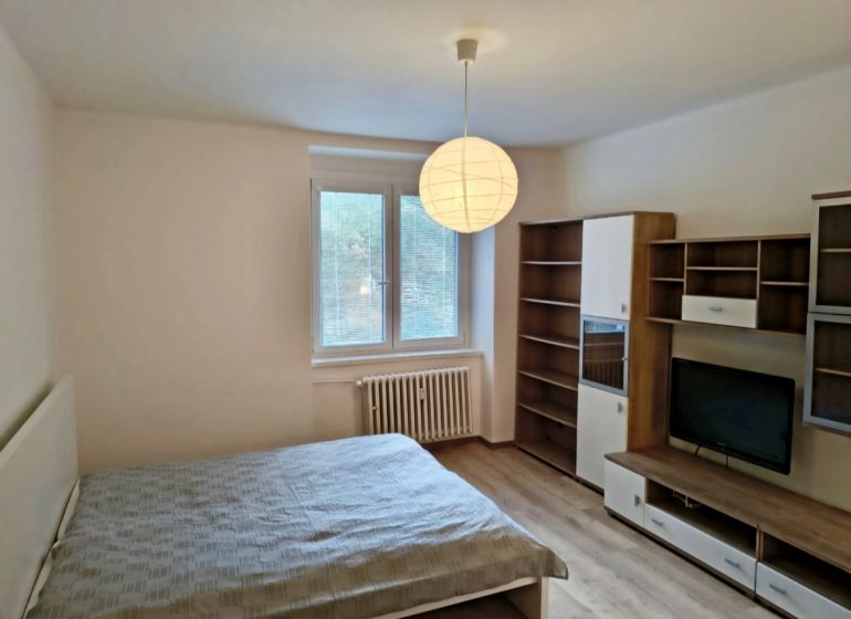 Interior of a 1-room apartment with a bed, furniture, and a wooden decor floor.