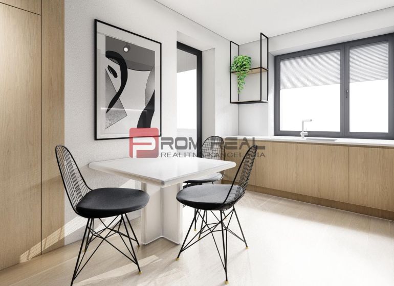 A stylish kitchen in a 2-room apartment with decorative chairs and wooden decor.