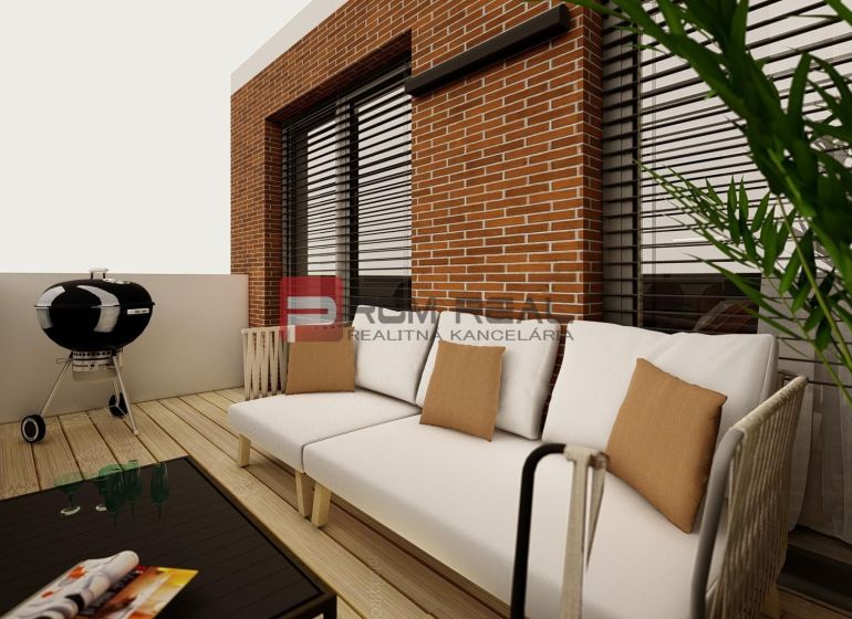 Garden terrace of a 3-room apartment with a grill and rattan furniture on a floor with wooden decor.