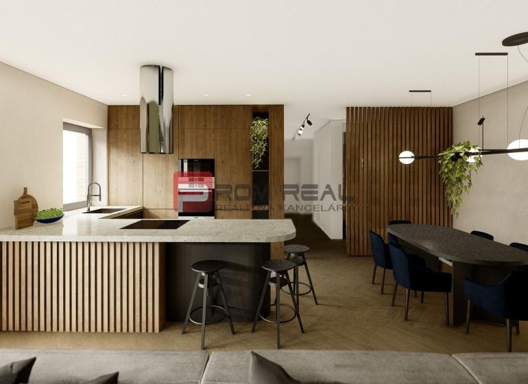 Kitchen with dining area in a 4-room apartment. Floor with wood decor, elegant lighting.