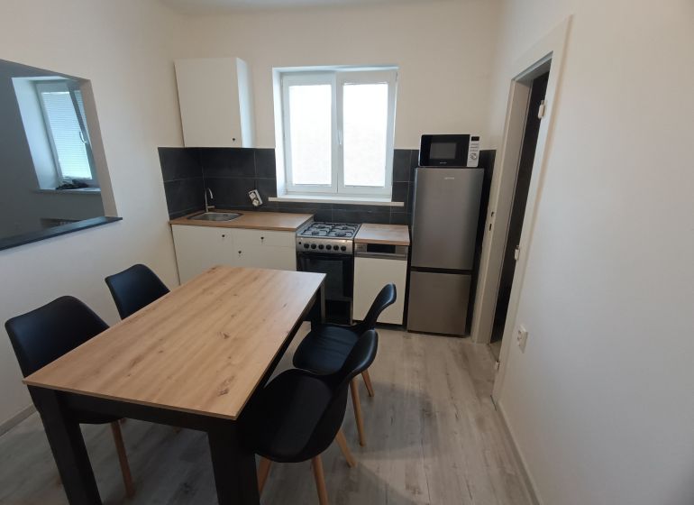 Kitchen in a 2-room apartment with a dining table and kitchen unit.