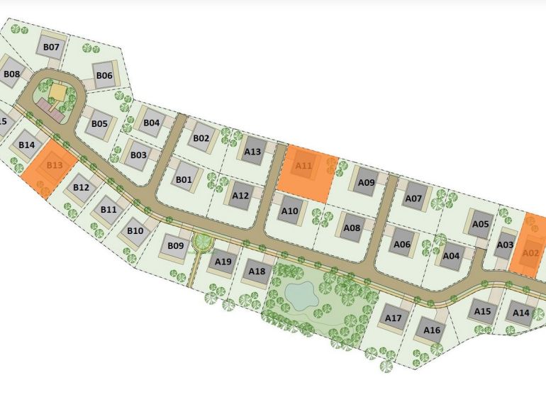 Garden map of residential plots on Laclavá Street in Abramová, marked parcels and roads.