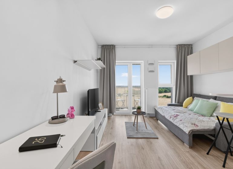 A studio apartment with a wooden floor, a sofa, a desk, and a balcony.