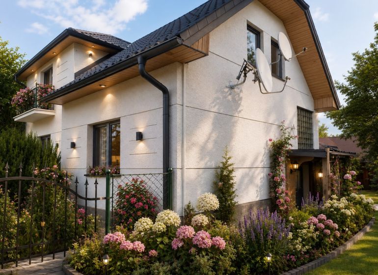 A family house in Kosorín with a landscaped garden and satellite dishes on the wall.