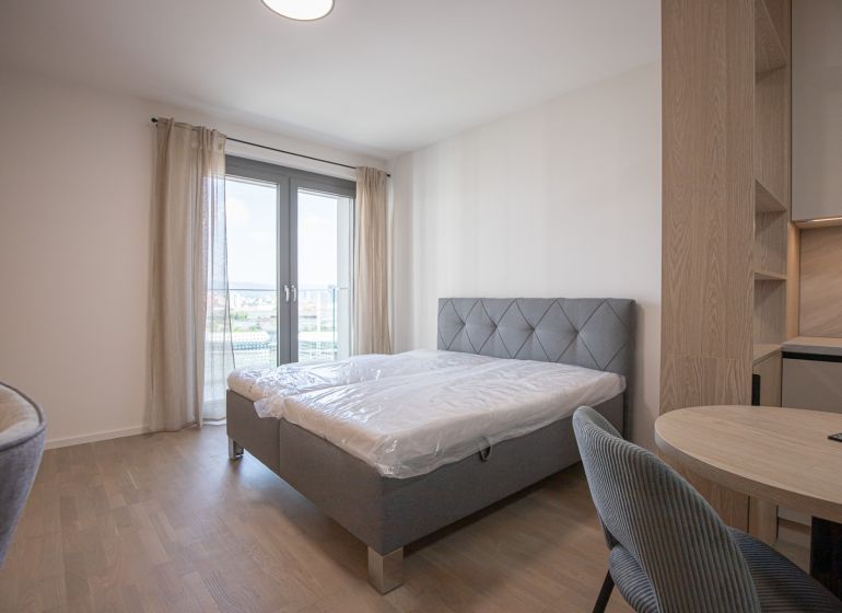 A bright bedroom with a bed, glass doors, and a wood-patterned floor in a studio apartment.