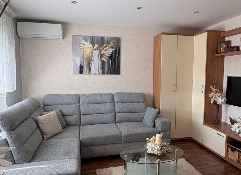 Living room in a 3-room apartment with a wooden decor floor and a comfortable gray sofa.