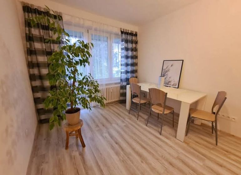 A room in a 2-room apartment with a dining table, chairs, and a floor with a wood decor.