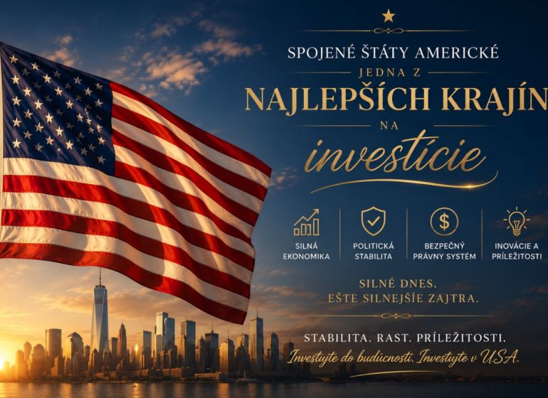 The USA flag waves at sunset over the city skyline, supporting investments.