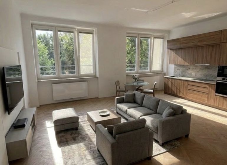 A bright living room space with a sofa, dining table, and wood-decor flooring in a three-room apartment.