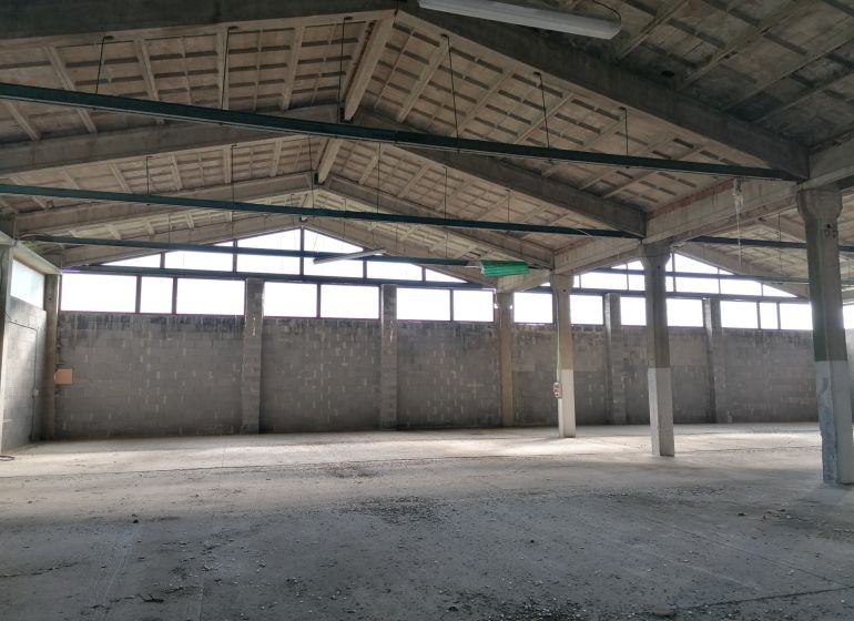 Warehouse and hall space with concrete flooring and a roof with steel beams.