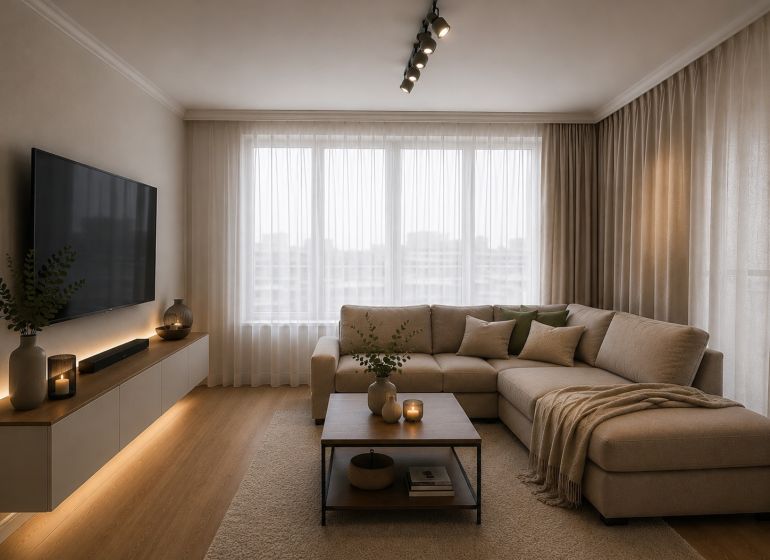 Living room in a two-room apartment with a comfortable sofa set and a wooden decor floor.