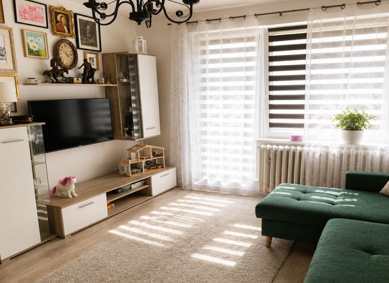 Living room in a two-room apartment with a sofa, decorations, and a wooden decor floor.