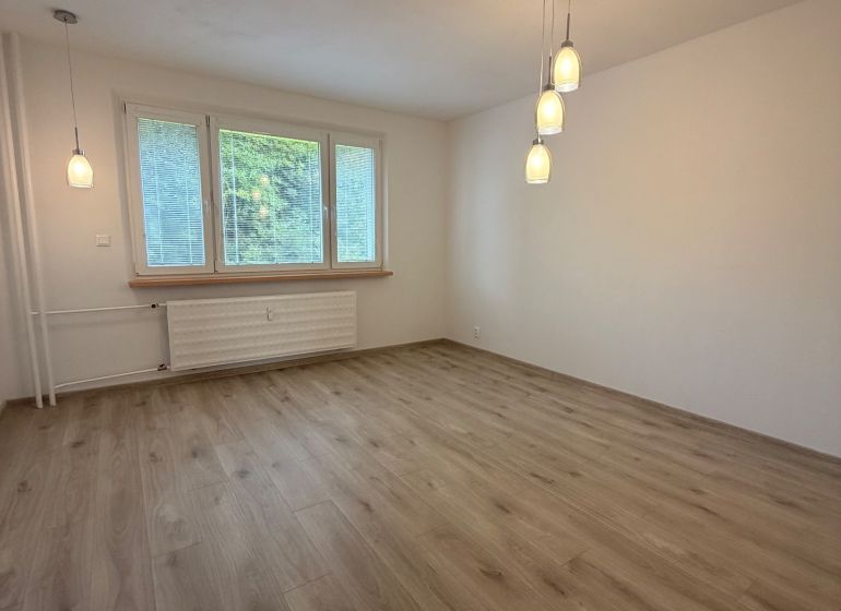 An empty room with a wooden decor floor and pendant lights in a 2-room apartment.
