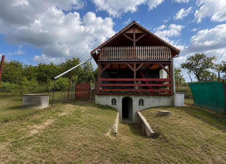 A cottage in Skalica with a front terrace and an underground storage space, surrounded by greenery.