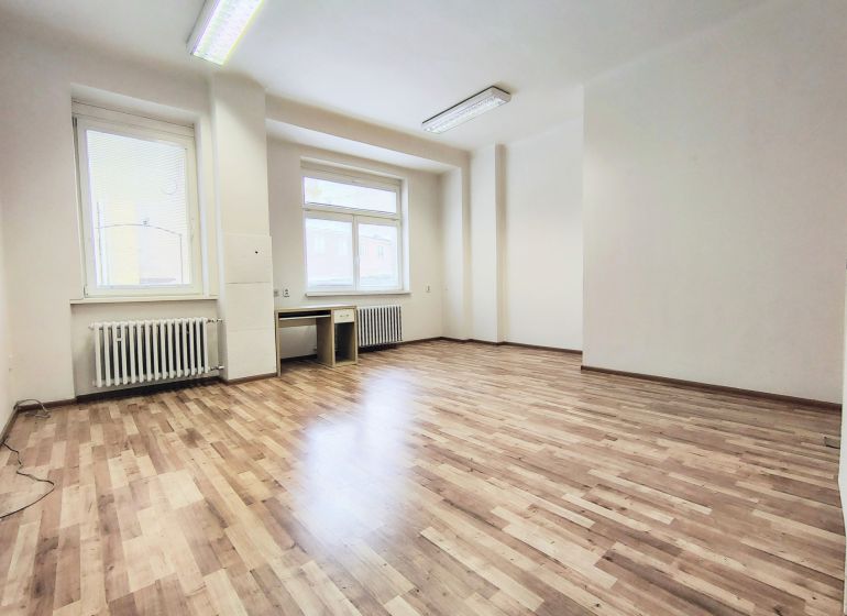 Offices with large windows, wood-patterned flooring, and wall radiators.
