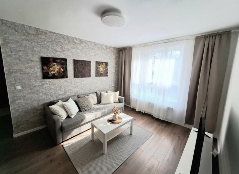 Living room with a sofa, table, and decorations, floor with wooden decor in a 2-room apartment.