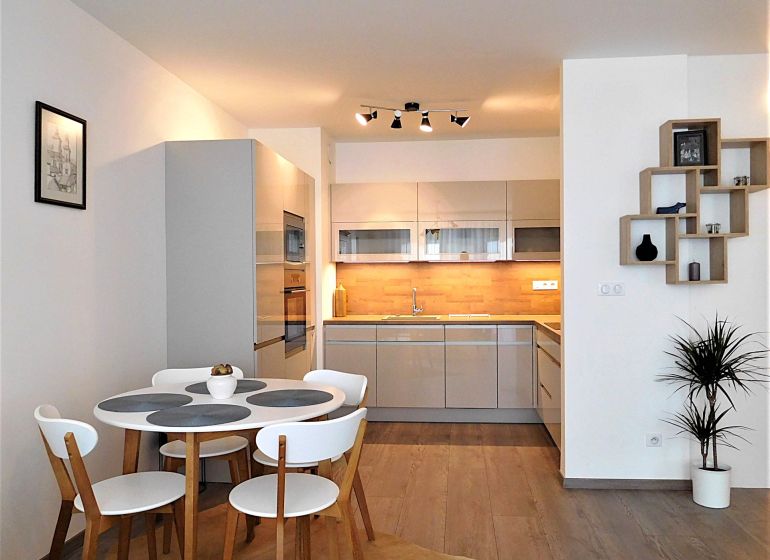 Modern kitchen and dining area in a 2-room apartment with a wooden decor floor.