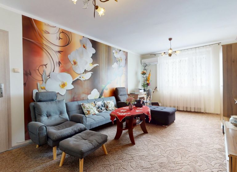 Living room in a 3-room apartment with a striking floral wallpaper and comfortable seating.