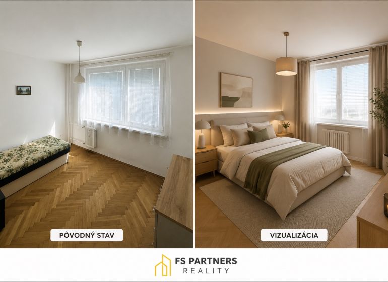 Visualization in a 2-room apartment with a wood-decor floor and a cozy bed.