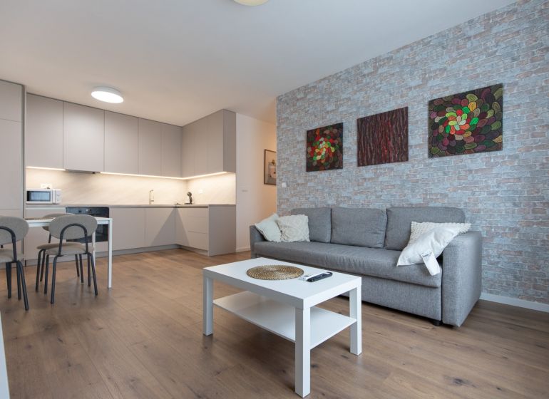 Interior of a 2-room apartment with a kitchen, sofa, table, and floor with a wood decor.