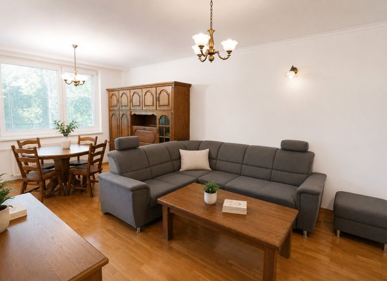 Living room in a two-room apartment with a wooden decor floor, dark furniture, and a gray sofa.