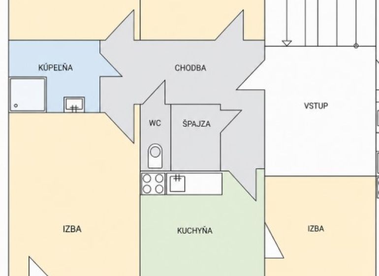 Floor plan of a 4-room apartment with a kitchen, bathroom, toilet, pantry, and hallway.