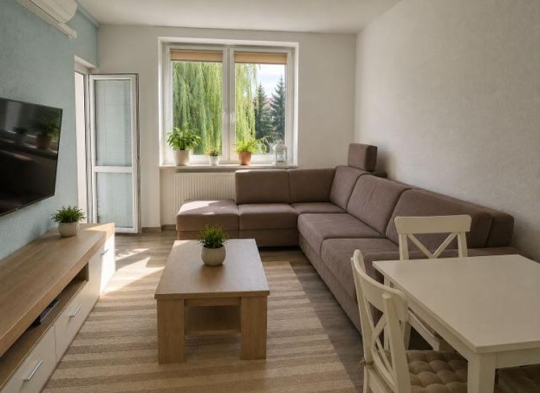Living room of a two-room apartment with a comfortable sofa, TV, and plants.