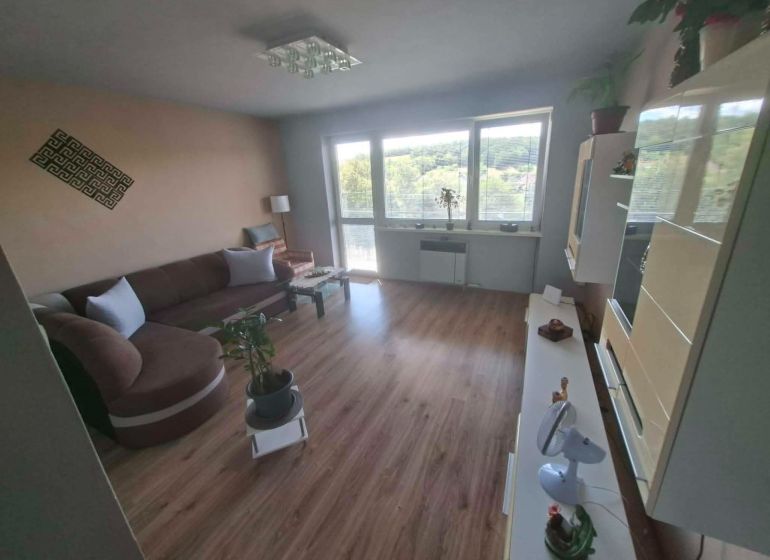 Living room in a 3-room apartment with a sofa, decorative elements, and a wooden-patterned floor.