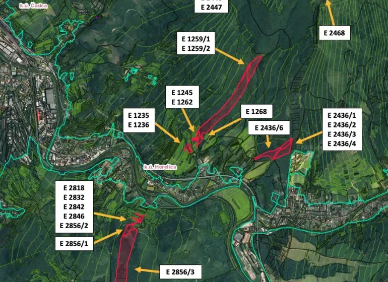 Aerial map with agricultural and forest lands around Čadca.
