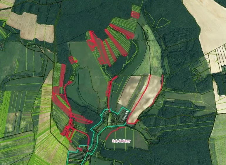 Map of agricultural and forest land around Sušany with marked boundaries.