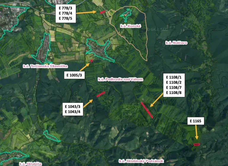 Map of agricultural and forest land around Podhradie.