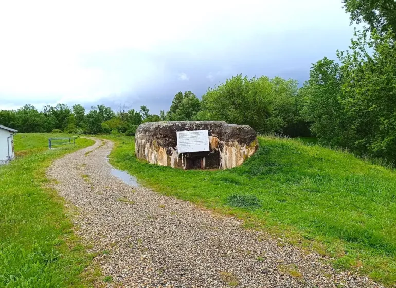 Bunker from special properties in Malacky, surrounding trees and a watered gravel road.