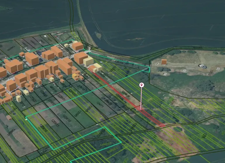 3D map with residential plots in Santovka, showing planned construction.