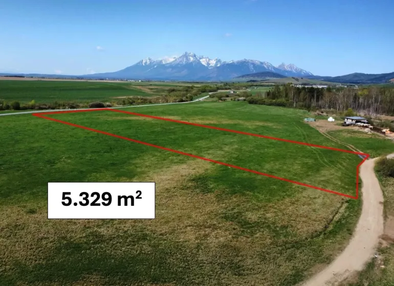 Agricultural and forest land in Podhorany, 5,329 m², with a view of the mountains.