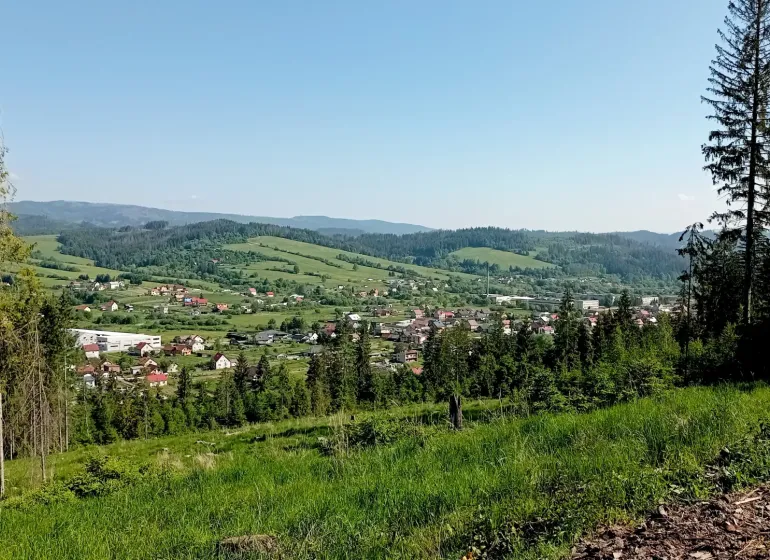 Raková surrounded by agricultural and forest lands, including diverse vegetation and village houses.