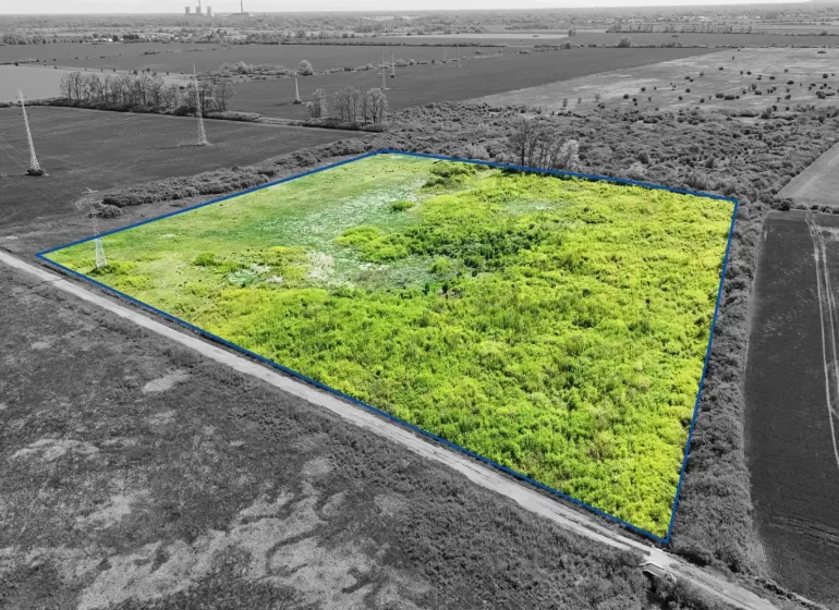 Aerial photograph of agricultural and forest land in Zemplínske Kopčany with marked boundaries.