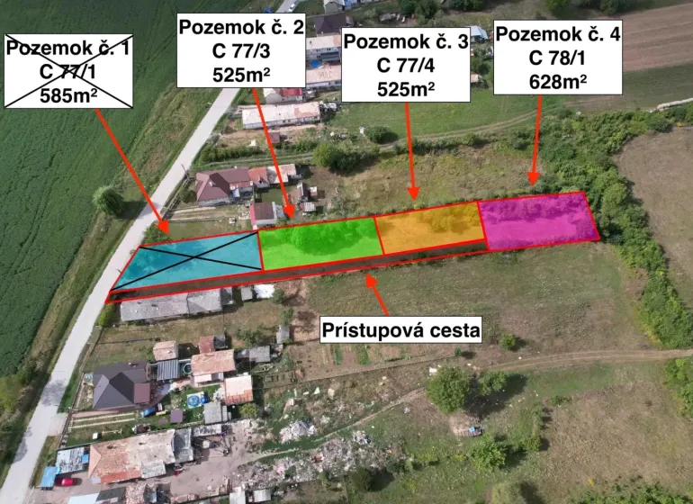 Divided residential plots in Rakytník with designation and access road.