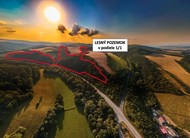 Aerial view of agricultural and forest land near Rokycany at sunset.
