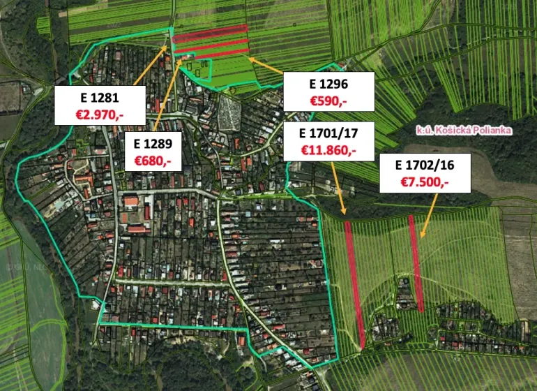 Aerial view of agricultural and forest lands in Košická Polianka with marked prices.