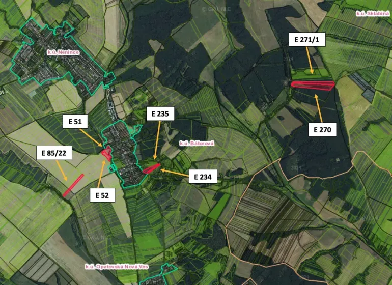 Map of agricultural and forest land around Bátorová with marked parcels.